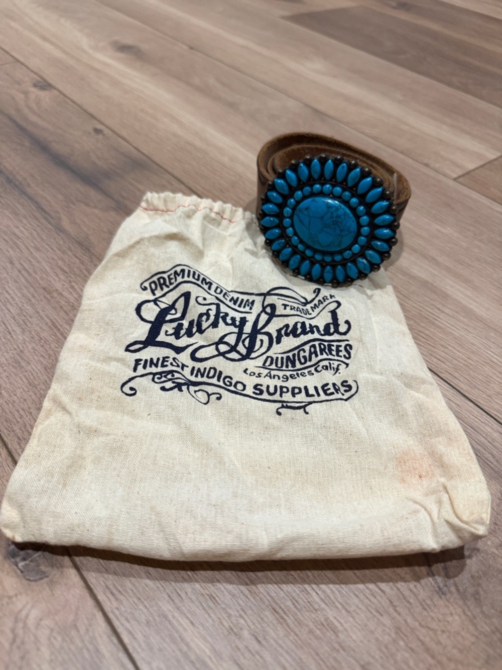 Lucky Brand Brown Leather Cuff with Turquoise Stone Medallion